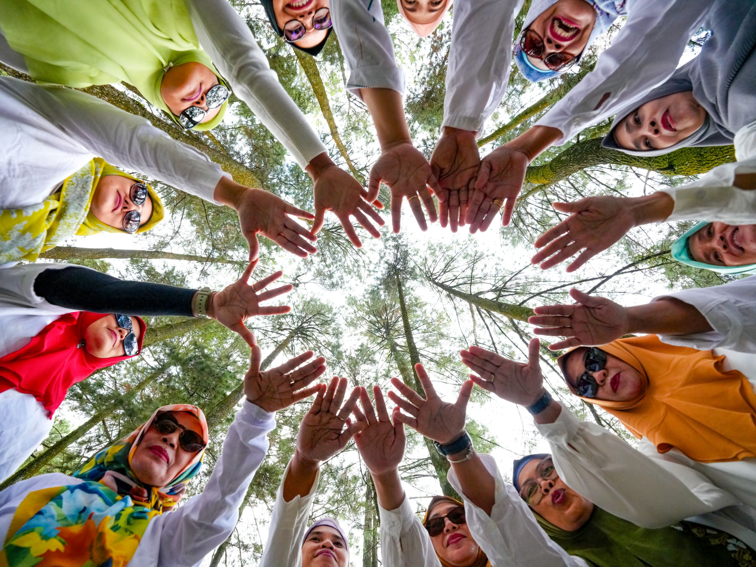 Group of women reaching out hands together in a circle under trees, fostering unity and team spirit in nature.